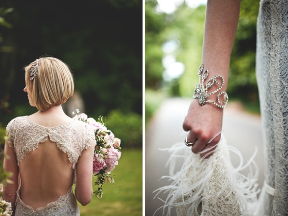 Sarah Houston sapphire vintage wedding dress backless back feathers 