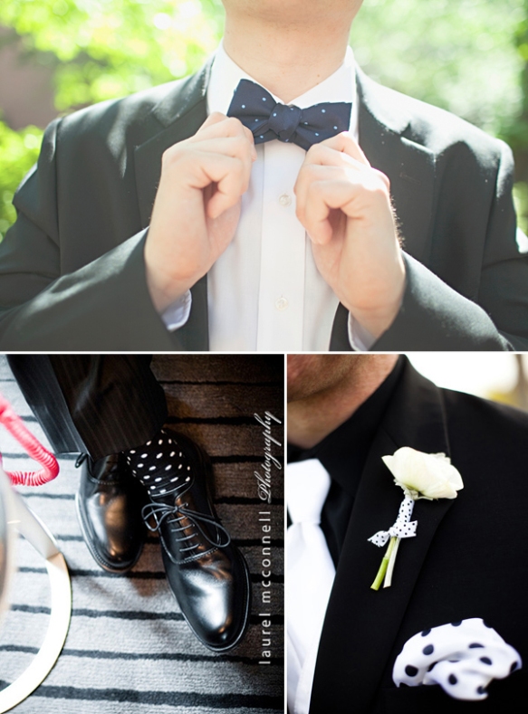 polka dot swiss dot bow tie sock pocket square boutonniere button hole black and white
